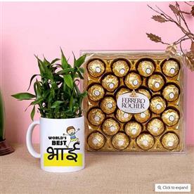 2 layer lucky bamboo with printed mug and chocolates for best brother