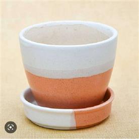 3.7 inch (9 cm) cp005 round egg ceramic pot with plate (white, light peach)