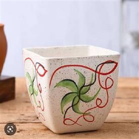 4.3 inch (11 cm) painted flower marble finish square cone ceramic pot with rounded edges (white)