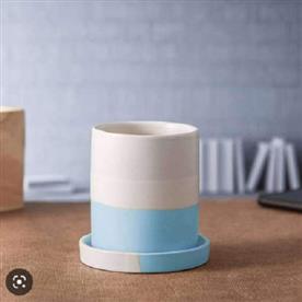 3.1 inch (8 cm) cp044 cylindrical ceramic pot with plate (white, cyan blue)