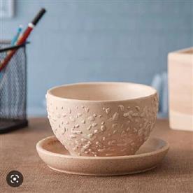 3.7 inch (9 cm) cp016 embossed round egg ceramic pot with plate (beige)