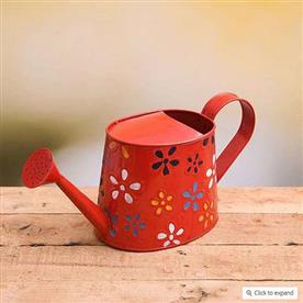 Hand printed round metal watering can (red) - gardening tool