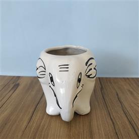 3.7 inch (10 cm) elephant shape marble finish ceramic pot (white)